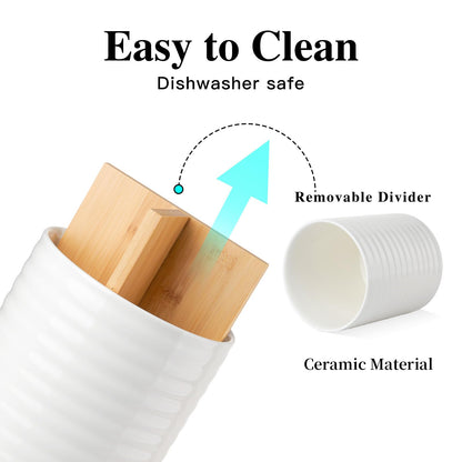 Meichu Utensil Holder, White Ceramic Utensil Holder for Countertop, 7.2" Large Cooking Utensil Crock for kitchen counter with Divider Board, Morden Countertop Organizer for Spatula, Kitchen Decor