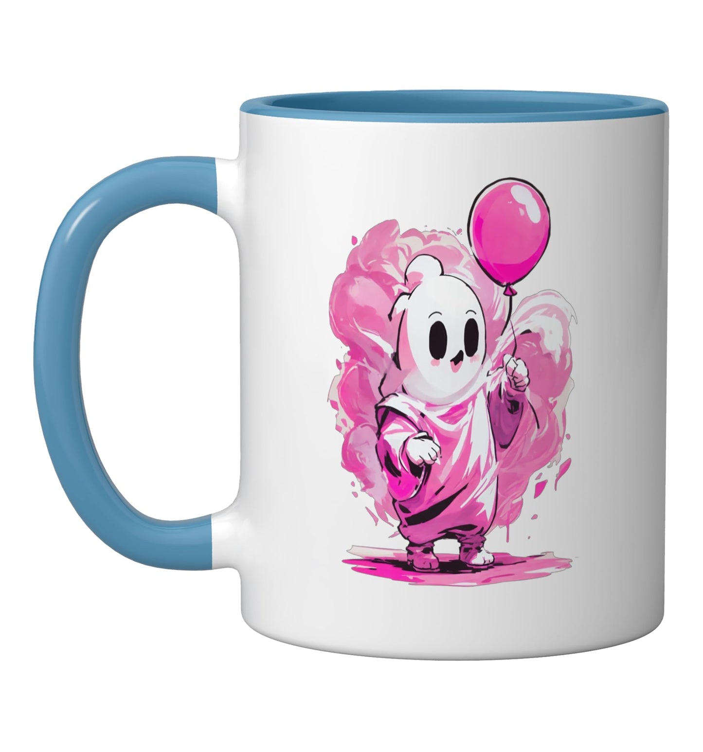 Cute Pink Skeleton Balloon Halloween Graphic Ceramic Mug, Blue/White