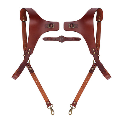 TOURBN Men's Genuine Leather Harness Suspenders - Adjustable Vintage Braces with Brass Hooks for Pants, Weddings & Formal Wear