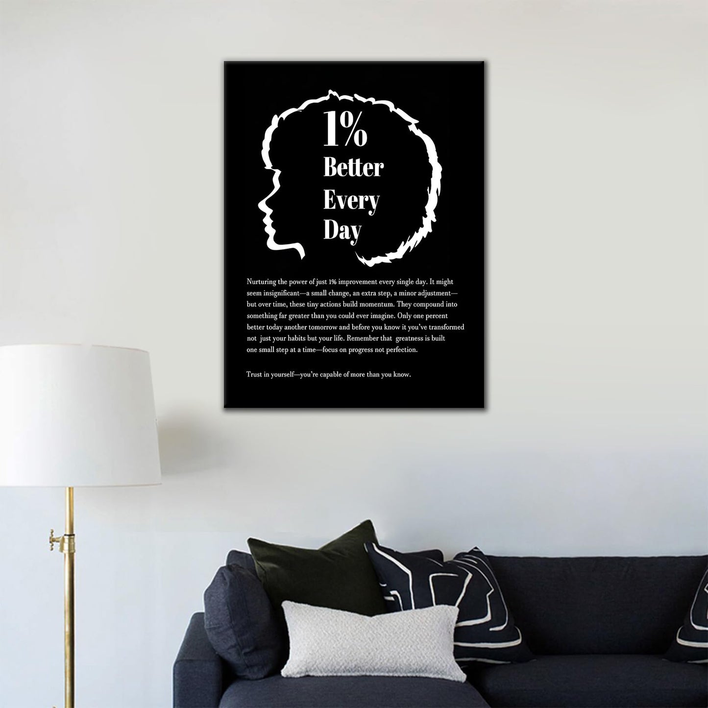 DINGFUN Inspirational Posters for Office 1 Percent Better Every Day Canvas Wall Art, Black White Quote Single Panel Wall Decor for Home Office Dorm Classroom 24x18 Inch