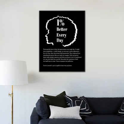 DINGFUN Inspirational Posters for Office 1 Percent Better Every Day Canvas Wall Art, Black White Quote Single Panel Wall Decor for Home Office Dorm Classroom 24x18 Inch
