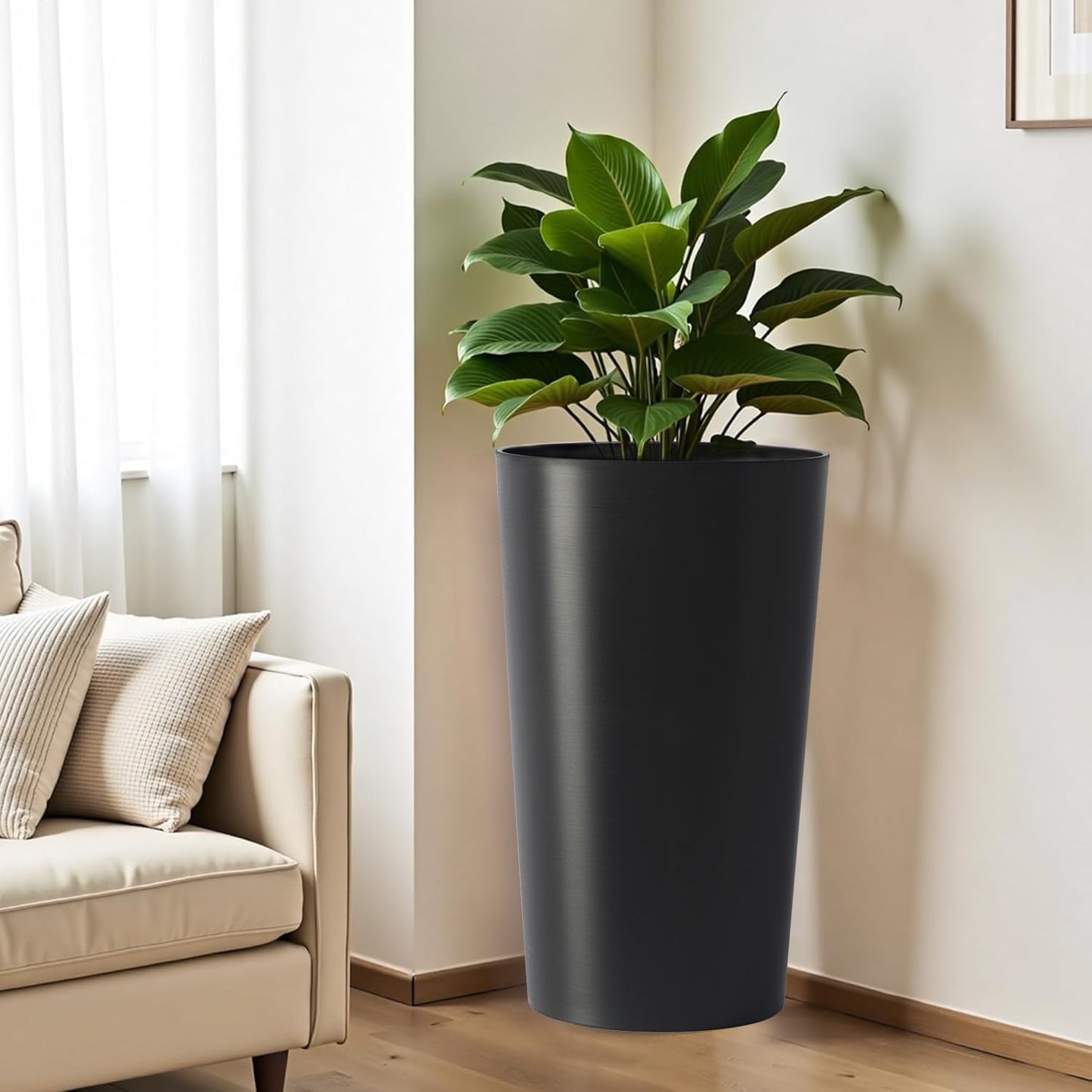 GDFStudio 21.7" Tall Planters Set of 2, Large Planter Pots with Drainage Holes, UV and Crack Resistant, Modern Matte Finish for Indoor Outdoor Balcony Patio Garden, Black