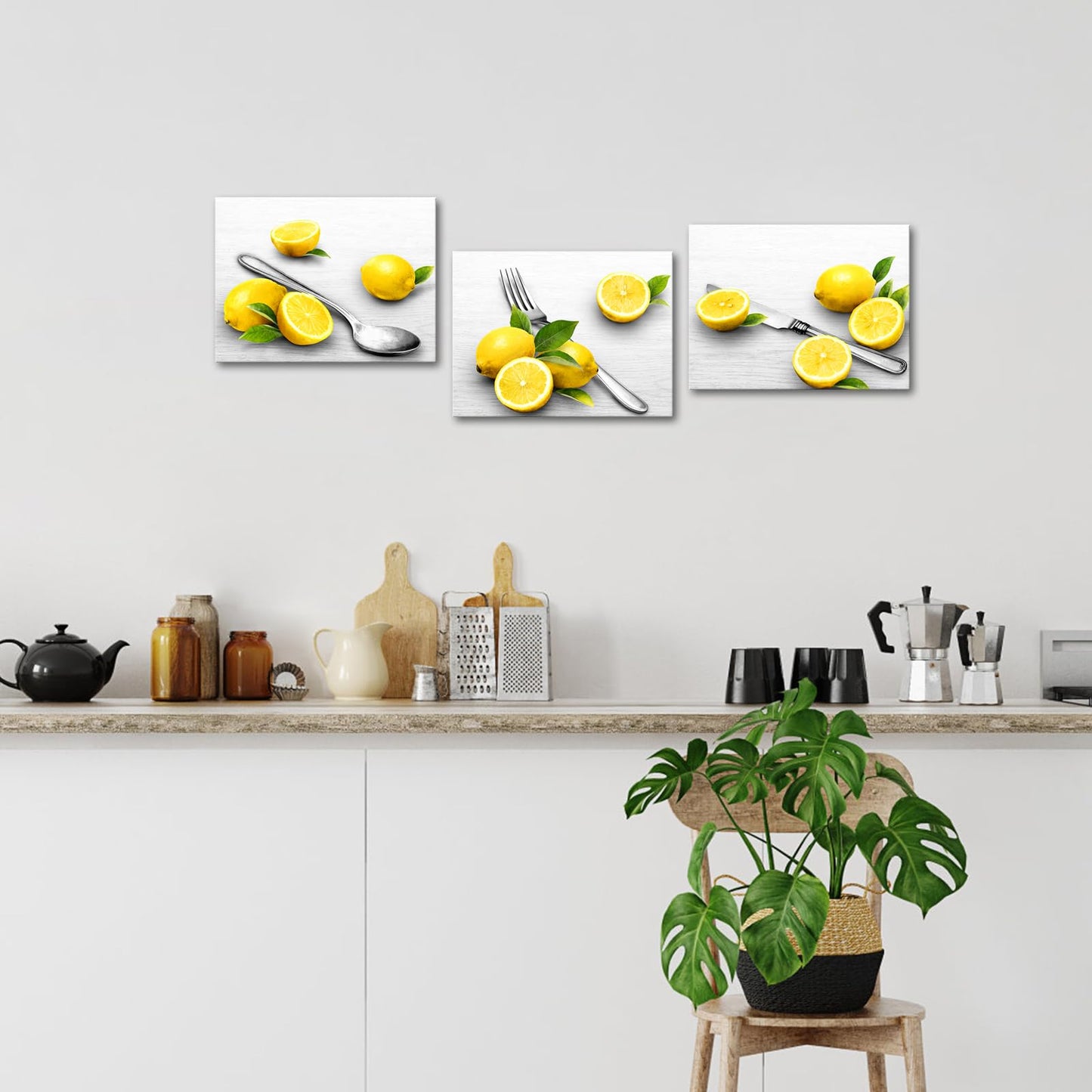 Biuteawal Grey and Yellow Kitchen Wall Art Fruit Lemon Painting with Fork Knife Spoon Kitchenware Picture Prints Dining Room Restaurant Decoration Framed