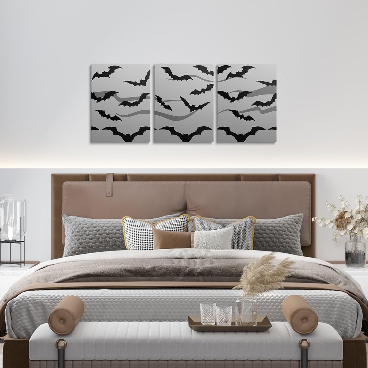 Feelyou Halloween Decor Bathroom Wall Art for Home Decor Spider Web Wall Painting for Kids Boys Girls Black Bat Picture Wall Decor Happy Halloween Canvas Wall Art for Living Room 12" x 16" 3 PCS