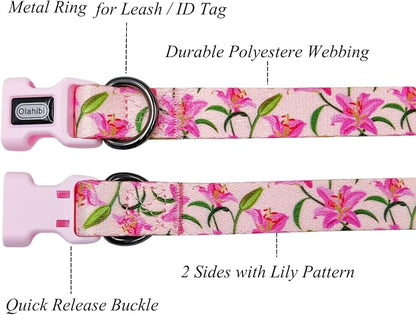 Dog Collar Leash Set, Floral Pattern, Polyester Material, Adjustable Collar and 5ft Matchcing Leash, for Large Dogs.(L, Pink Lily)