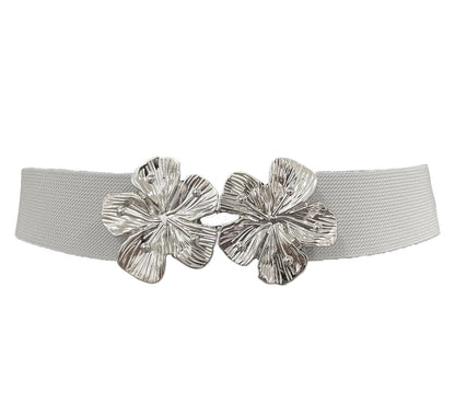 COTIM COYIN Women's Fashion Elastic Stretch Waist Belts With Metal Pin Flower Buckle for Jeans Pants Dress, Grey