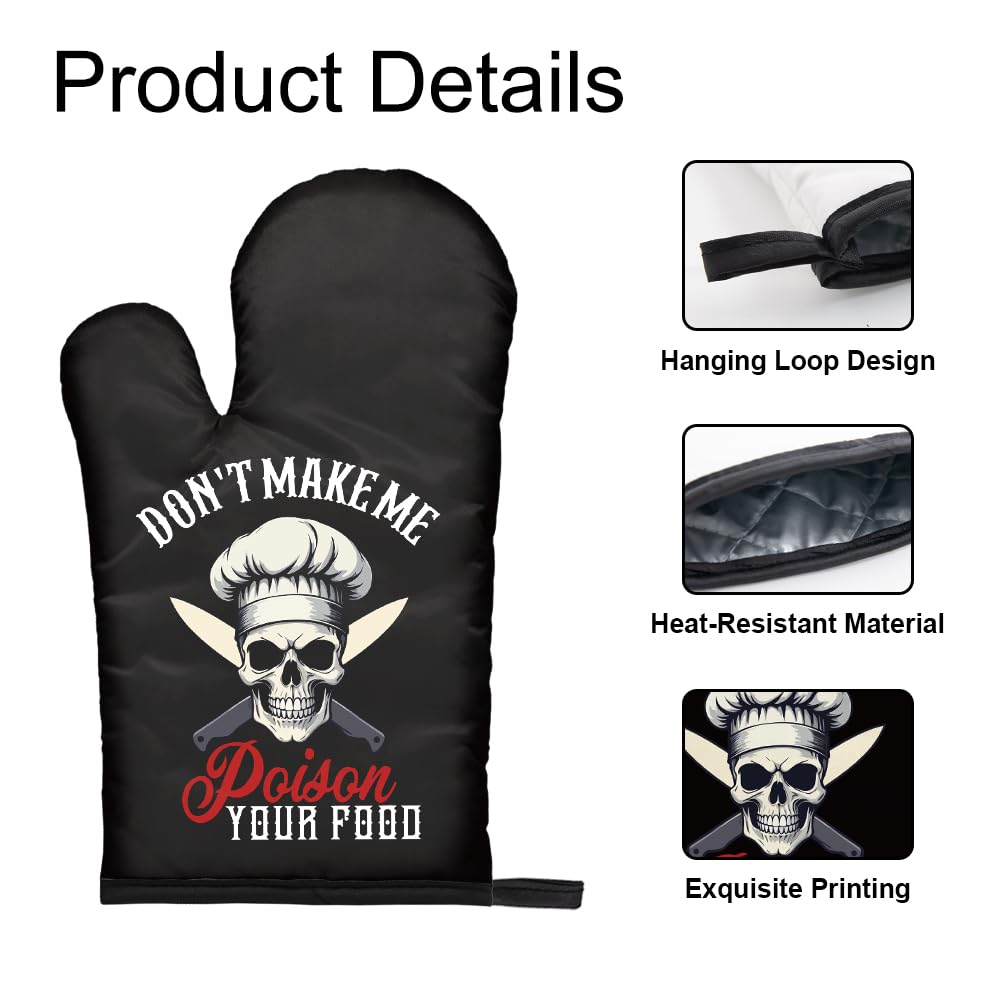 DYJYBMY Don't Make Me Poison Your Food Funny Goth Oven Mitts and Pot Holder Set, Funny Skeleton Kitchen Gadgets for Male Host Hostess, Housewarming Baking Gifts for Mom Dad Wife Husband Sister Friend