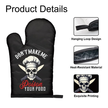 DYJYBMY Don't Make Me Poison Your Food Funny Goth Oven Mitts and Pot Holder Set, Funny Skeleton Kitchen Gadgets for Male Host Hostess, Housewarming Baking Gifts for Mom Dad Wife Husband Sister Friend