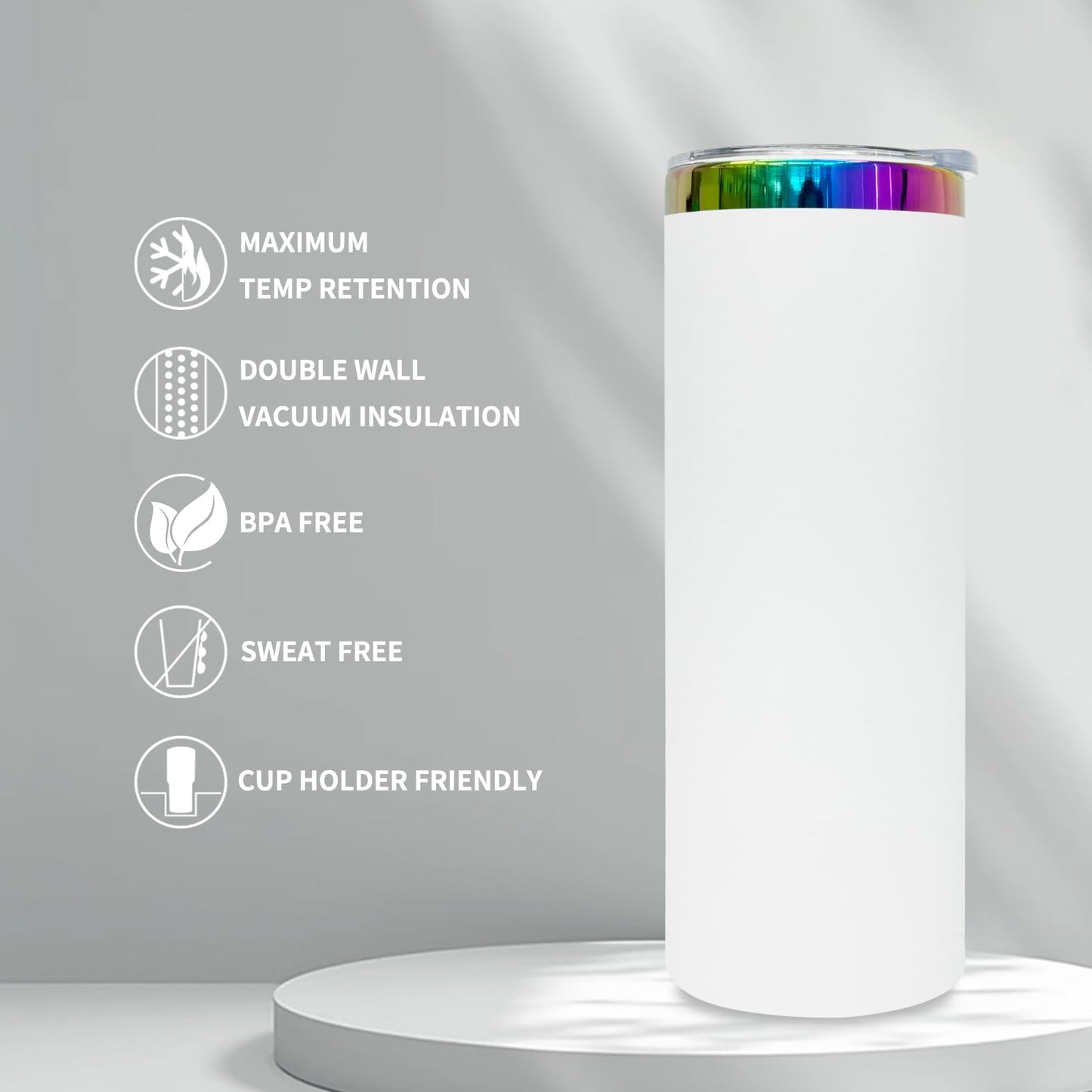 FunTrans 20 oz Skinny Tumblers Stainless Steel Tumbler with Lid and Straw Double Wall Vacuum Insulated Coffee Mug 20oz Powder Coated Cup for Hot and Cold Drinks(White,1 pack)