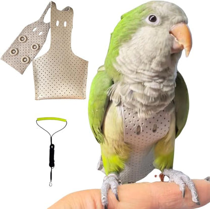 Premium Genuine Cowhide Bird Flight Harness Anti Bite Breathable Parrot Diaper Parrot Suit with Leash for Parakeet Conure Quaker Flying Clothes Rope and Handle (with Leash,2M)