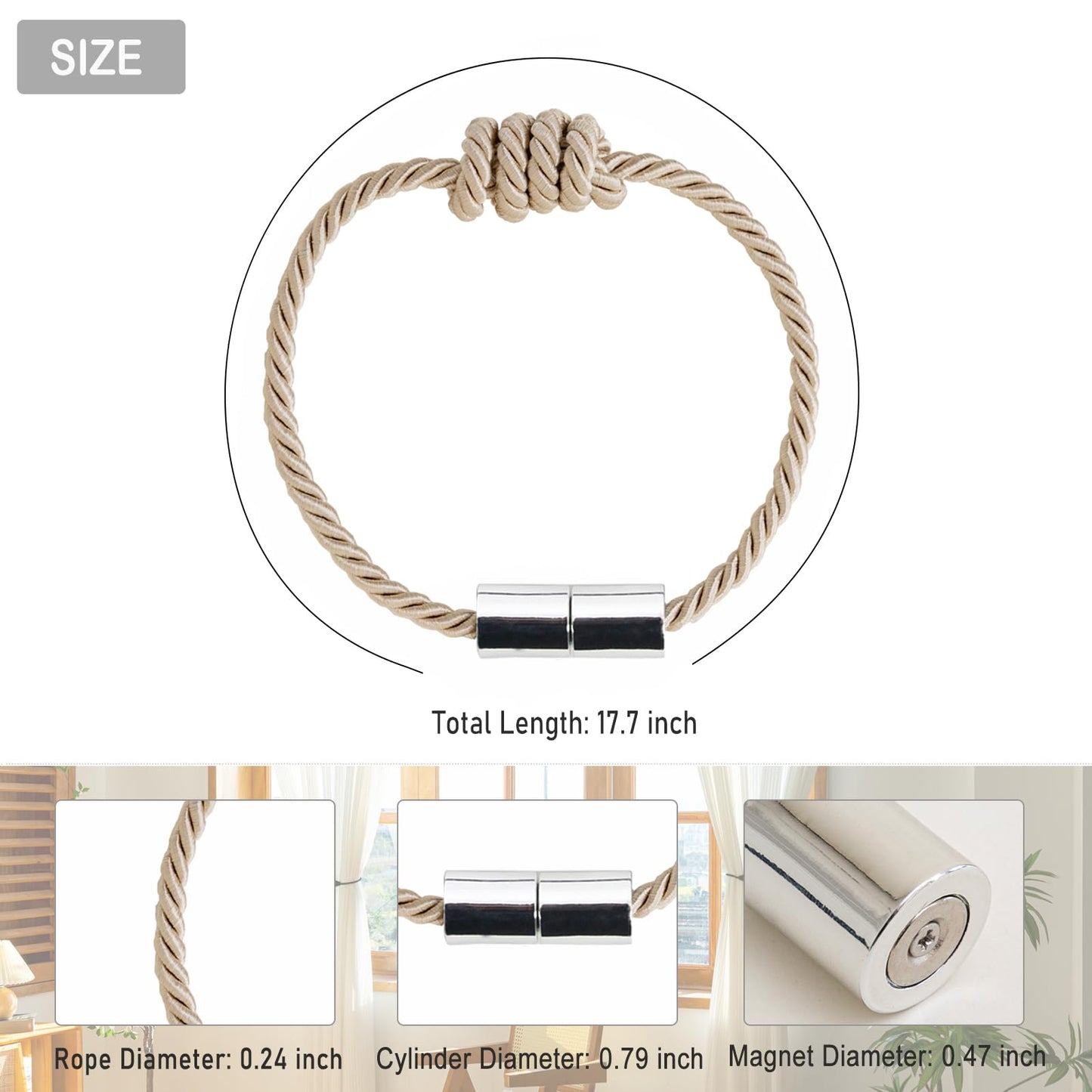 Contoeey Magnetic Curtain Tiebacks - Decorative Tie Backs for Drapes, 8 Pack Rope Holders, Beige