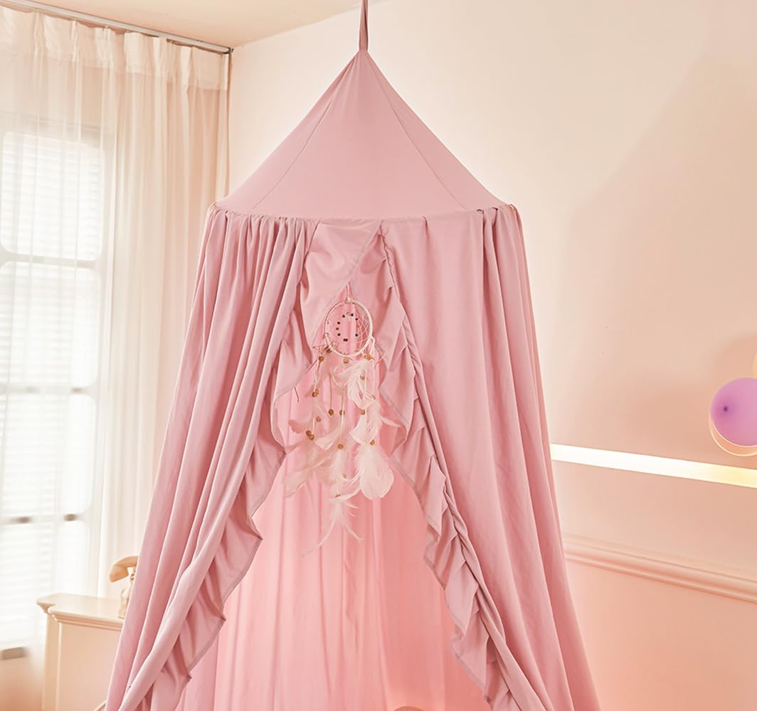 Mengersi Bed Canopy for Girls,Ruffled Canopy Bed Curtains Canopy for Girls Room,Hanging Canopy Princess Play Tent for Reading Nook Play Room Decor (Beige Pink)