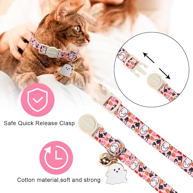 2 Pack Fall Cat Collars Breakaway with Bell, DOGWONG Safety Buckle Fall Halloween Ghost Cute Cat Collar for Girl Boy Cats，Adjustable 7-12 Inch