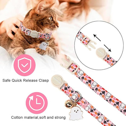 2 Pack Fall Cat Collars Breakaway with Bell, DOGWONG Safety Buckle Fall Halloween Ghost Cute Cat Collar for Girl Boy Cats，Adjustable 7-12 Inch