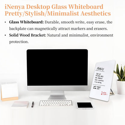 iNenya Glass White Board with Stand,Magnetic Mini Dry Erase Board for Desk,Small Desktop Whiteboard with Solid Wood Bracket