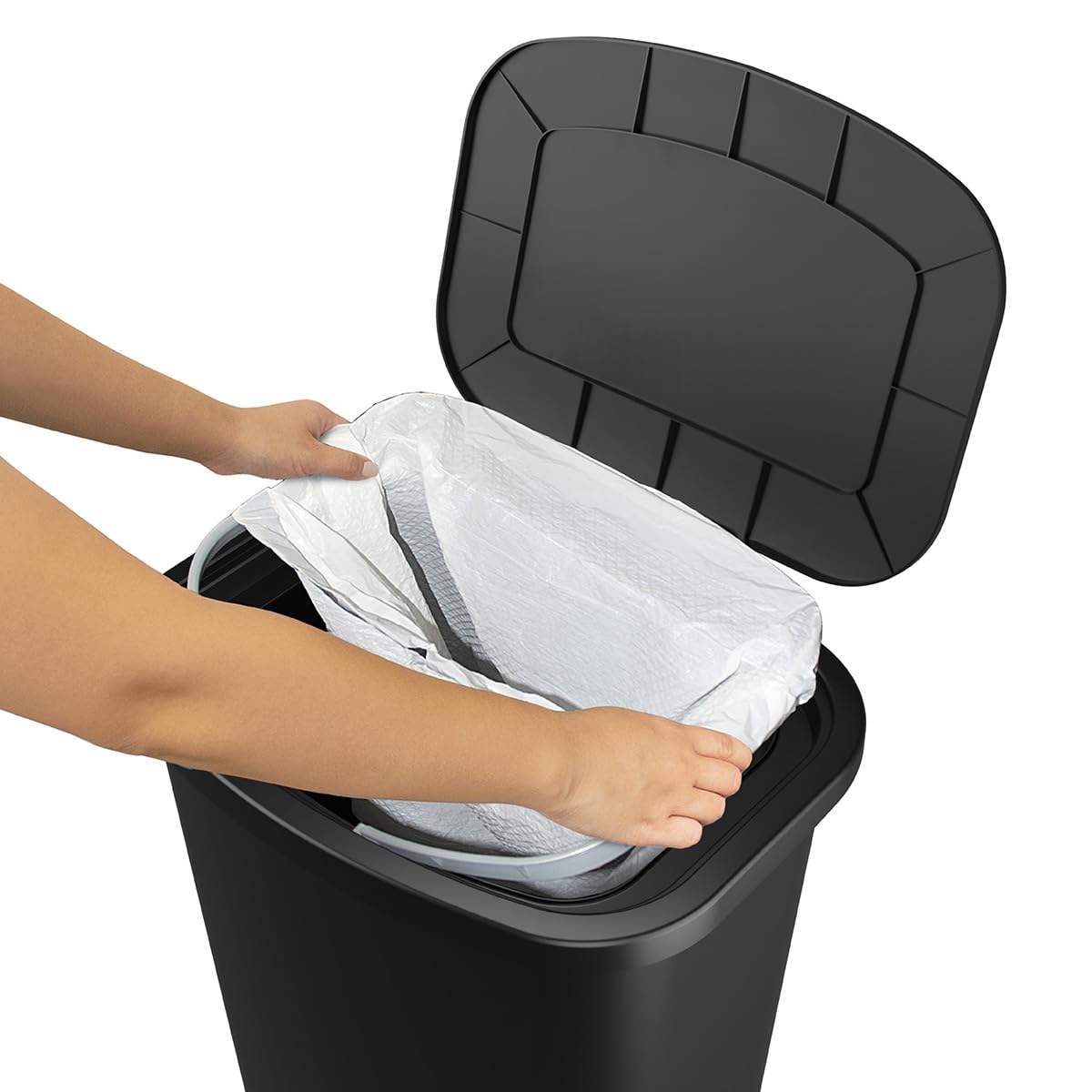 Glad Premium 20 Gallon Trash Can - Plastic Kitchen Waste Bin with Odor Protection of Lid, Stainless Steel Step On Foot Pedal and Garbage Bag Rings, Black