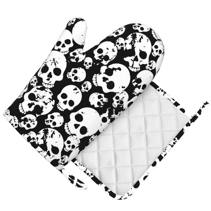Skull Black And White Oven Mitts And Pot Holders Set Of 2 Silicone Heat Resistant Oven Mitten Potholders Non Slip Gloves Kitchen Decor For Bbq Cooking Grilling Baking