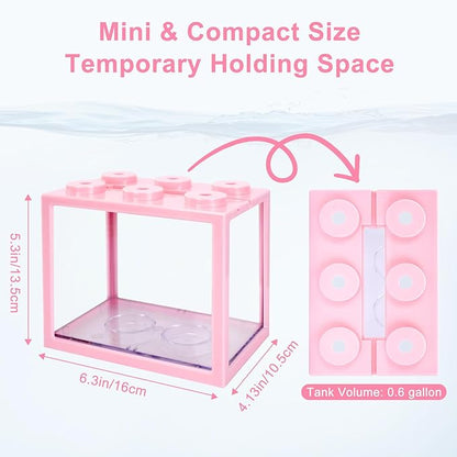 2 PCS Small Betta Fish Tank, 0.6 Gallon Mini Aquarium Tank, Pink Cube Fish Bowl, Desktop Stackable Tank for Small Fish, Insect, Shrimp, Turtle, Spider