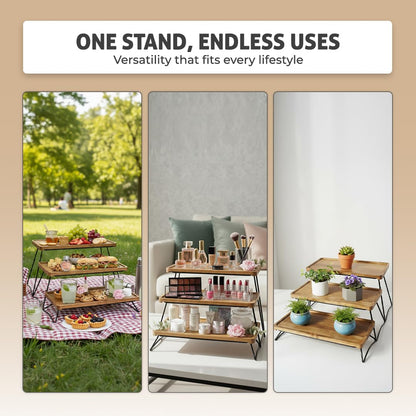 Oaklyn Rust Proof 3 Tier Wooden Cupcake Stand of Acacia Wood | Eco Friendly Tiered Tray Stand with Wooden Serving Trays & Platters for Party, Decor & Birthdays | 3 Tier Serving Tray Dessert Stands