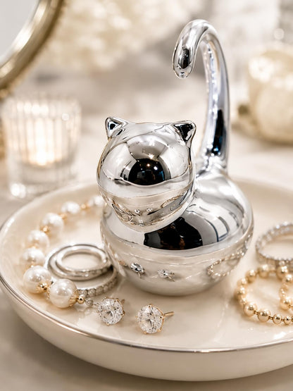 Cat Ring Holder Jewelry Dish–White & Silver Fat Cat Ceramic Trinket Tray,Birthday,Wedding,Graduation Gift for Women & Girls,Rings Earrings Necklaces Bracelets–Vanity,Nightstand,Dresser,Bathroom