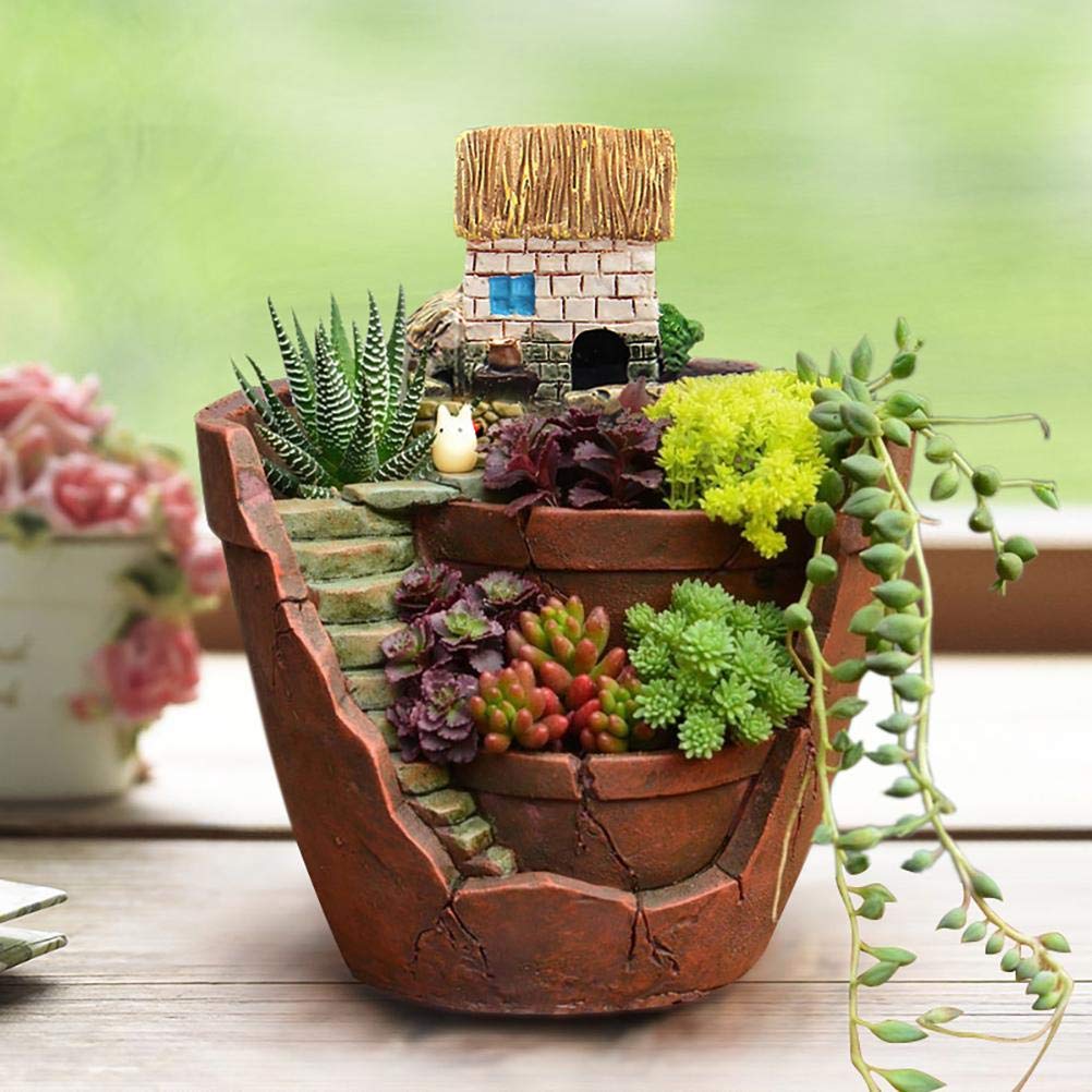 Gonetre Plants Potted Flower Pots Sweet House Fairy Garden Planter for Home Decor Office Garden Decoration Material Synthetic Size 10 X 12cm (Brown)