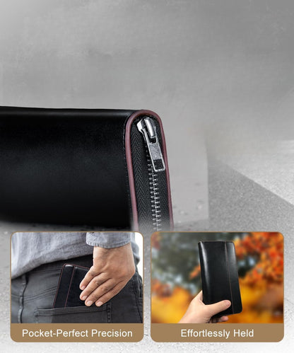 Plinvo Men's Long Genuine Leather Wallet Large Capacity Zippered Pouch with Coin Purse Stylish and Unisex Black (Blue)