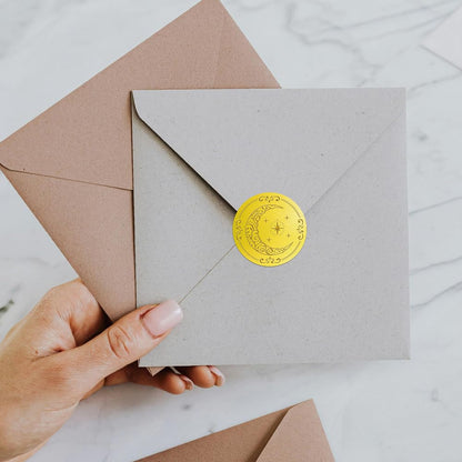 Peacoblue Gold Embossed Sticker Seal 1.4 Inch 150Pcs Moon and Star, Self Adhesive Golden Around Embossing Decals for Party Favors Invitation Envelope Seal Gift Card Certificate Decoration