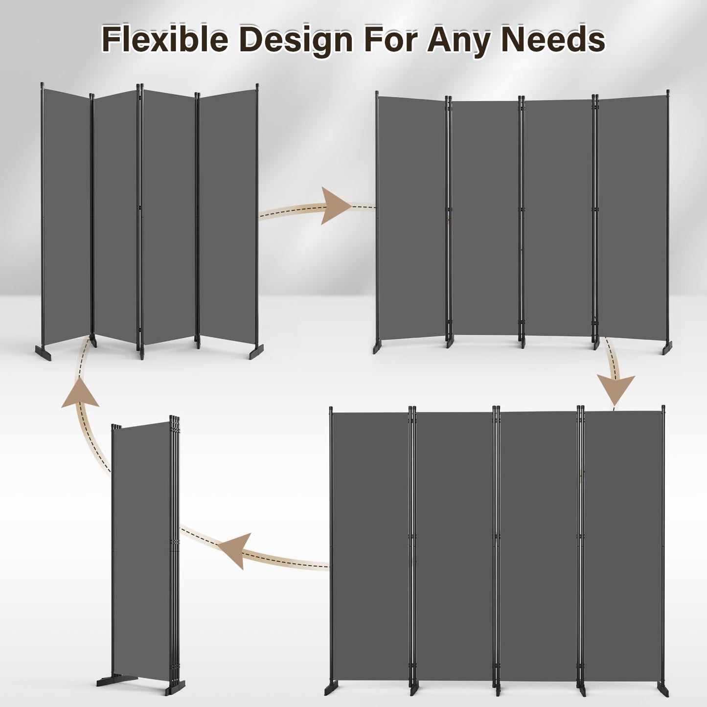 AKTOP Room Divider 4 Panel, 80" W Portable Wall Divider for Room Separation, Freestanding Partition Room Dividers, Folding Room Separators Privacy Screens for Home Office Bedroom, Grey