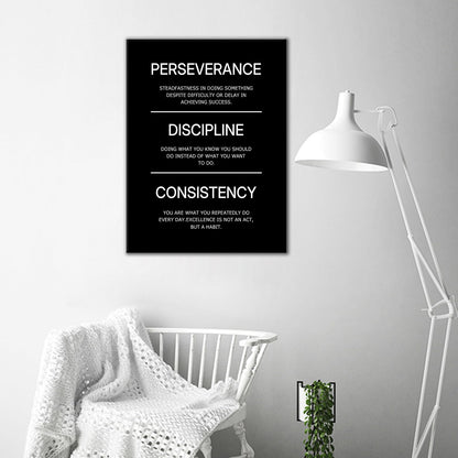 Inspirational Canvas Wall Art Perseverance Discipline Consistency Office Success Quotes Poster Wall Decor Motivational Picture Painting for Home Living Room Gym Stretched and Framed [18''W X 24''H]