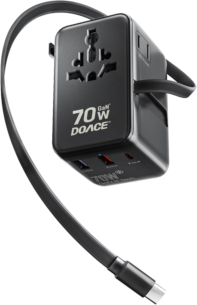 DOACE 70W Universal Travel Adapter, 6-in-1 International Plug with Built-in USB-C Cable, PD Fast Charging Worldwide Wall Charger for EU/UK/US/AU