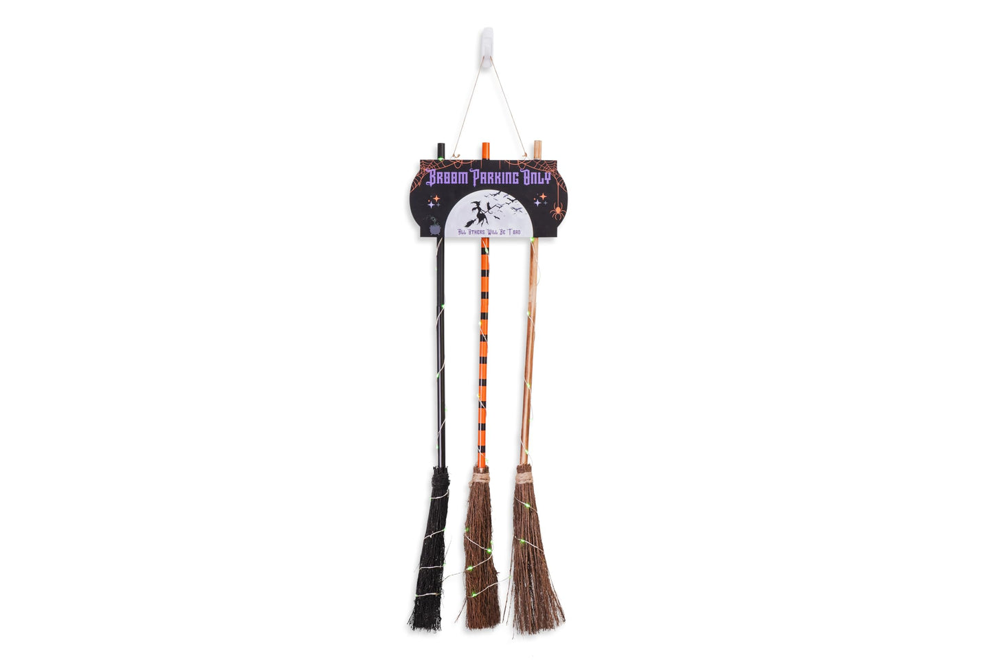 Halloween Decorations with Broom Parking Only Sign - Witch Halloween Theme - Porch Decor - Decorations with Three Witch Broomstick - Wall Decor with Lights