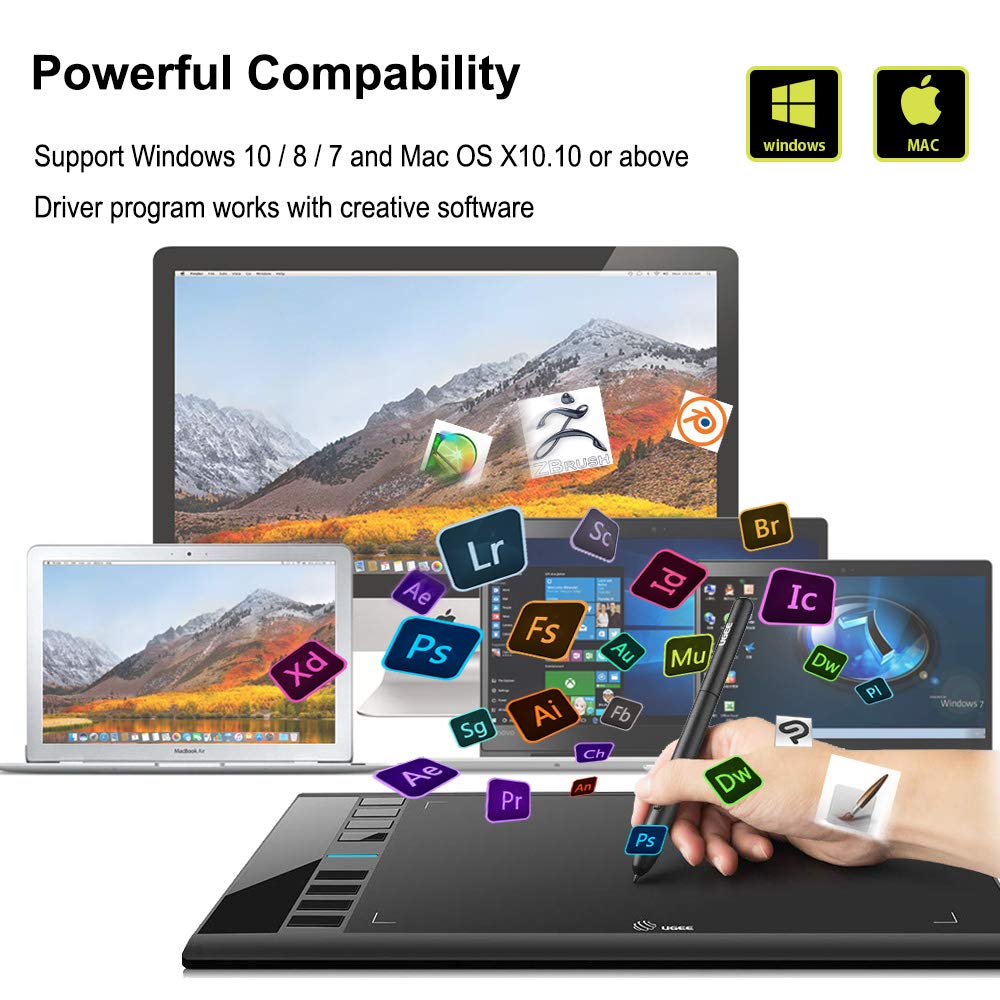 Graphics Drawing Tablet, UGEE M708 10 x 6 inch Large Drawing Tablet with 8 Hot Keys, Passive Stylus of 8192 Levels Pressure, UGEE M708 Graphics Tablet for Paint, Design, Art Creation Sketch Black