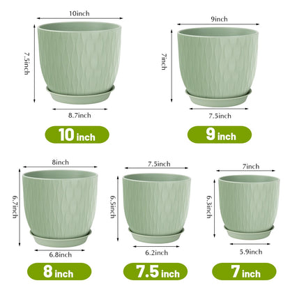 LESOASIS Plastic Plant Pots 10/9/8/7.5/7 inch Set of 5, Flower Planters with Drainage Holes and Saucers, Plastic Pots for Indoor Outdoor Plants, Livingroom Garden Decor (Green)