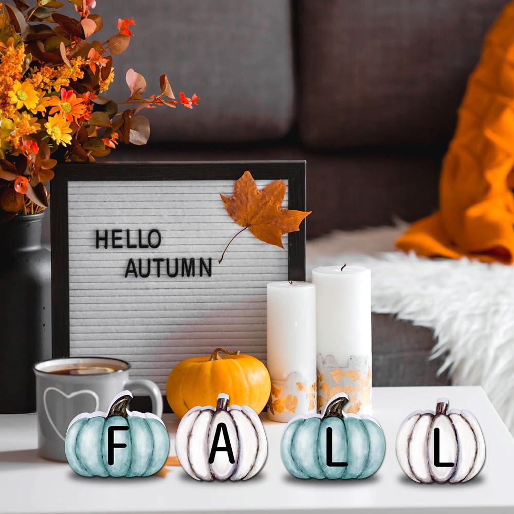 YUJUN 4 Pieces Fall Pumpkin Wooden Signs Decoration,Blue Autumn Tiered Tray Pumpkin Tabletop Decor for Thanksgiving Fall Home Kitchen Harvest Party Decor Supplies