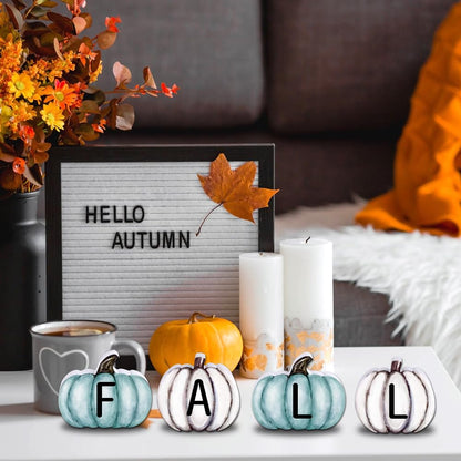 YUJUN 4 Pieces Fall Pumpkin Wooden Signs Decoration,Blue Autumn Tiered Tray Pumpkin Tabletop Decor for Thanksgiving Fall Home Kitchen Harvest Party Decor Supplies