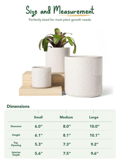 LE TAUCI Ceramic Pots for Plants, 10/8/6 Inch Indoor Planters with Draiange Hole, Silicone Plug & Mesh Pad, Modern Minimalist Pots for Home Office, Set of 3, Glossy, Linen Birch