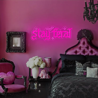 Stay Feral Neon Sign for Wall Decor Feral Led Sign Gothic Decor Dark Art Neon Light Signs Bat Light Up Sign for Bedroom Girl Goth Lover Halloween Decoration