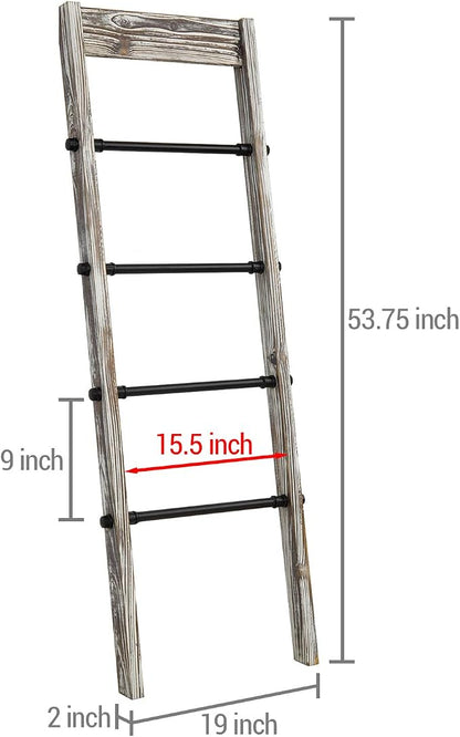 MyGift Blanket Ladder Wooden, Blanket Quilt Holder Rack Decorative Ladder with Metal Pipe Rungs, Easy Assembly, Rustic Farmhouse Ladder Shelf for The Living Room Bedroom Bathroom