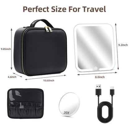 Makeup Bag with Magnetic Detachable Lighted Mirror 360° Swivel Angle, Travel Makeup Bag with Lights Portable Makeup Case Organizer with Mirror, Partition Cosmetic Bag Tools Accessories Train Case Gift