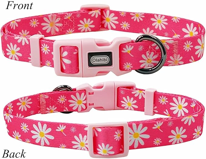 Dog Collar Leash Set, Floral Pattern, Polyester Material, Adjustable Collar and 5ft Matching Leash, for Puppy Dogs.(XS, Pink Daisy)