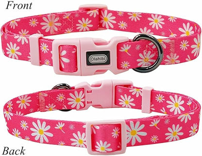 Dog Collar Leash Set, Floral Pattern, Polyester Material, Adjustable Collar and 5ft Matching Leash, for Puppy Dogs.(XS, Pink Daisy)