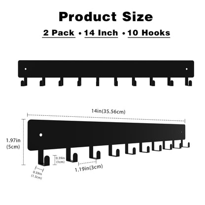 FengPingZi 14inch Wall Key Holder with 10 Hooks(2 Sets), Metal Key Rack Wall Mount for Keys, Bags and Leashes, Key Hanger for Decorative Organizer Apartment，Entryway,livingroom,Black