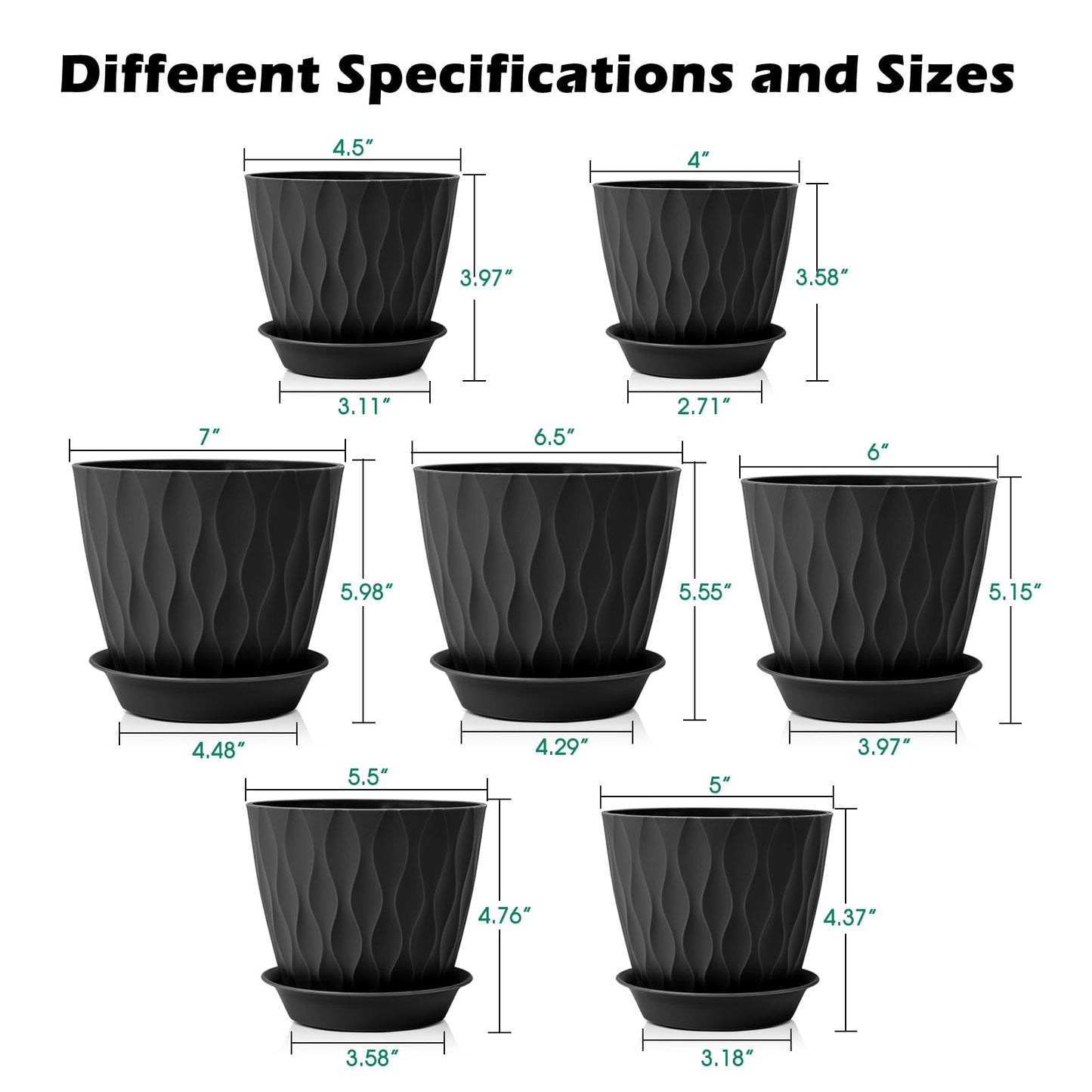 GARDIFE 7/6.5/6/5.5/5/4.5/4 inch Plant Pots, 7 Pack Flower Pots Indoor Outdoor, Planters with Drainage Holes and Tray Saucers (Black)