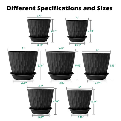 GARDIFE 7/6.5/6/5.5/5/4.5/4 inch Plant Pots, 7 Pack Flower Pots Indoor Outdoor, Planters with Drainage Holes and Tray Saucers (Black)