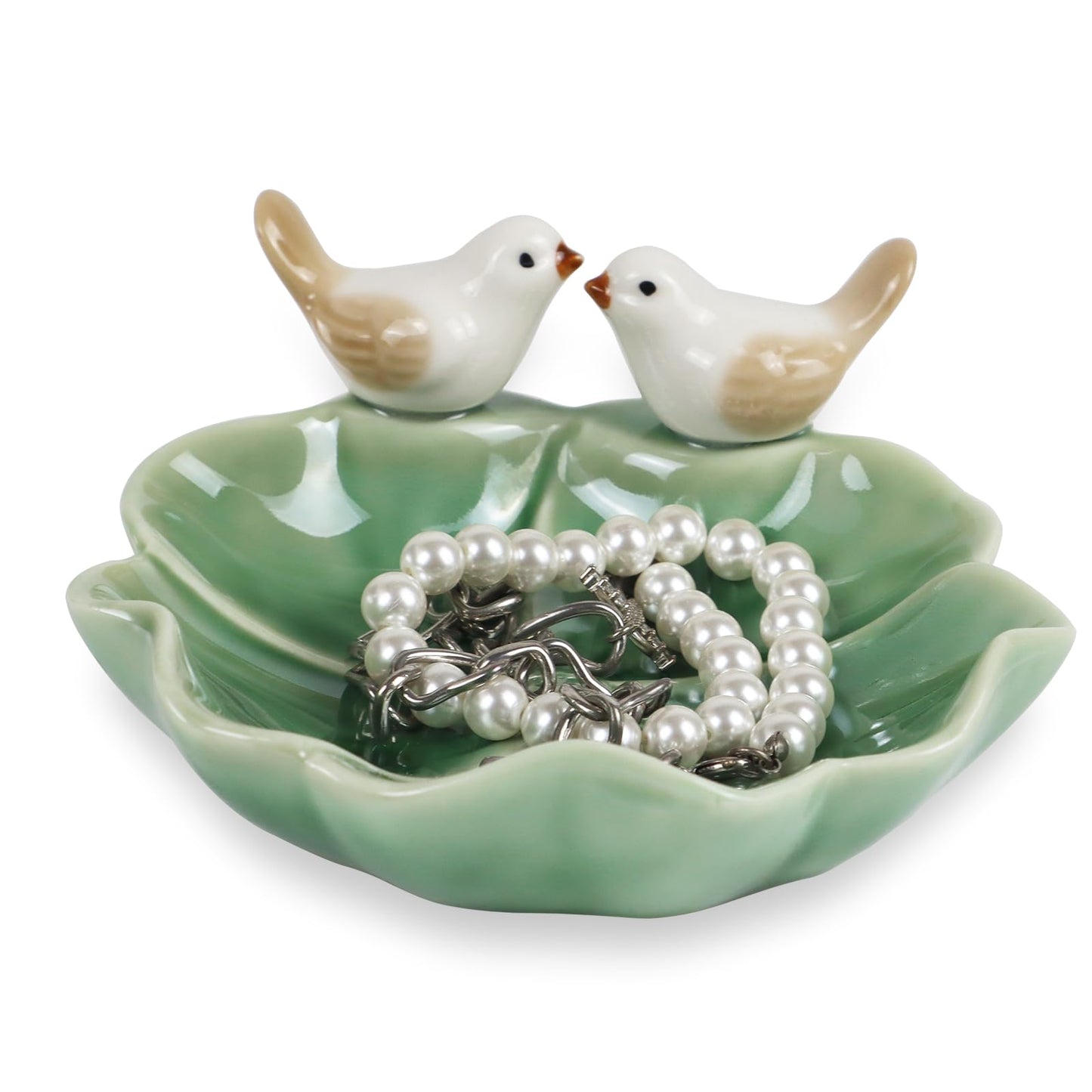 Fordonral Ceramic Jewelry Tray Trinket Dish Decorative Cute Bird & Lotus Leaf Ring Holder Dish Aesthetic Room Vanity Decor (Green)