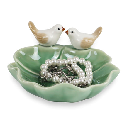 Fordonral Ceramic Jewelry Tray Trinket Dish Decorative Cute Bird & Lotus Leaf Ring Holder Dish Aesthetic Room Vanity Decor (Green)