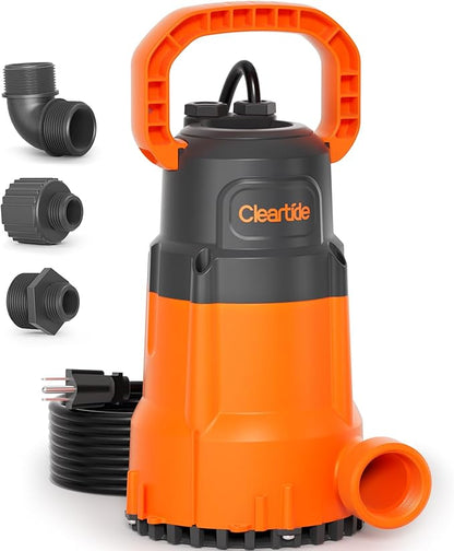 Cleartide Submersible Utility Water Pump, 1/3 HP 2790 GPH, 100% Copper Motor, Thermoplastic Portable Plug & Work, Ideal for Pool, Flooded Basement, Hot Tub, Pond & Garden Draining,10 FT Cord