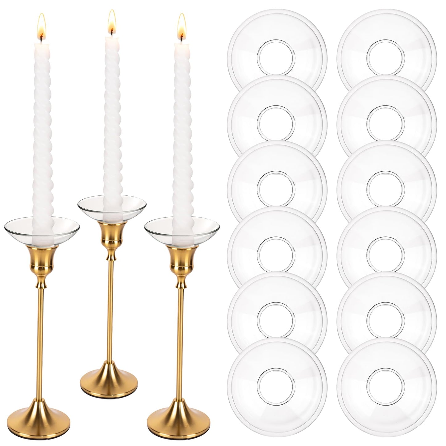 12Pcs Glass Bobeches for Candlestick Holders，Candle Drip Protectors Rings for Tapers, Clear Glass Rings Taper Candles Wax Catcher for Wedding Party Church Home, Accessories