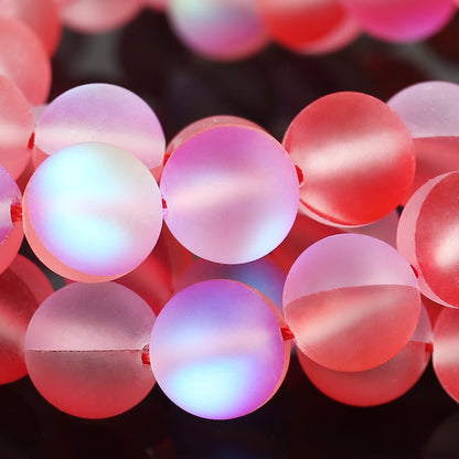 Matte Red Aurora Crystal Glass Beads, 6MM Frosted Glitter Shining Mermaid Round Loose Beads, Rainbow Holographic Synthetic Moonstone for Jewelry Making DIY Bracelet