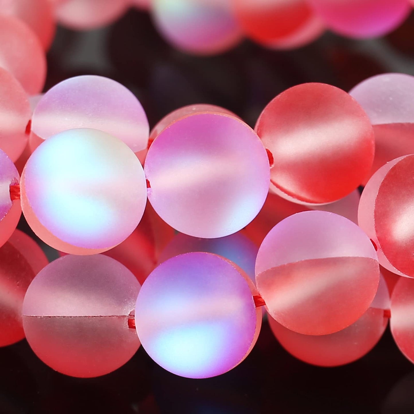 Matte Red Aurora Crystal Glass Beads, 10MM Frosted Glitter Shining Mermaid Round Loose Beads, Rainbow Holographic Synthetic Moonstone for Jewelry Making DIY Bracelet